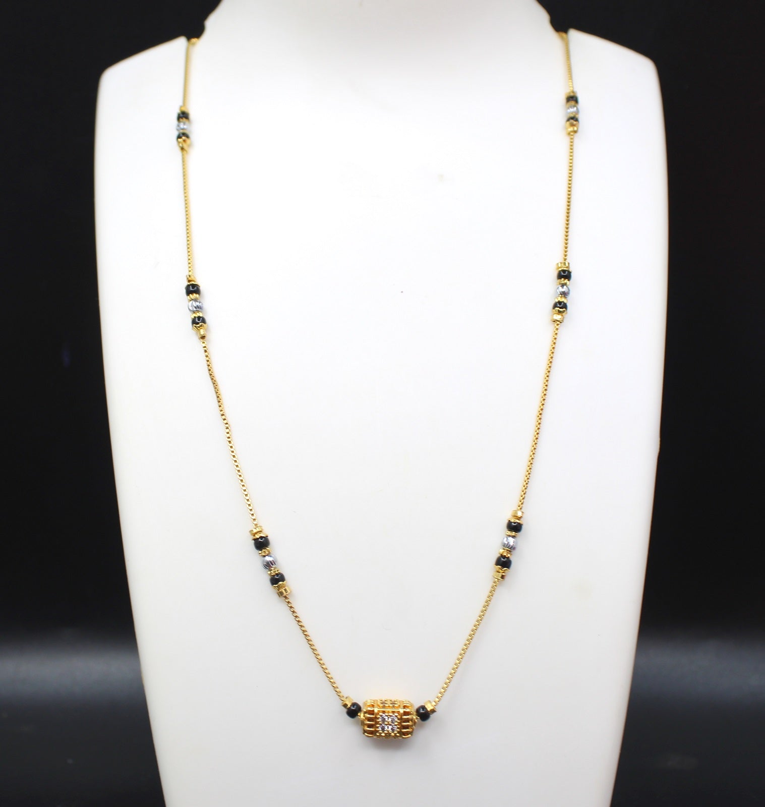 Gold-Plated Mangalsutra with Black Beads & Square Stone Pendant – Lightweight Daily Wear Design