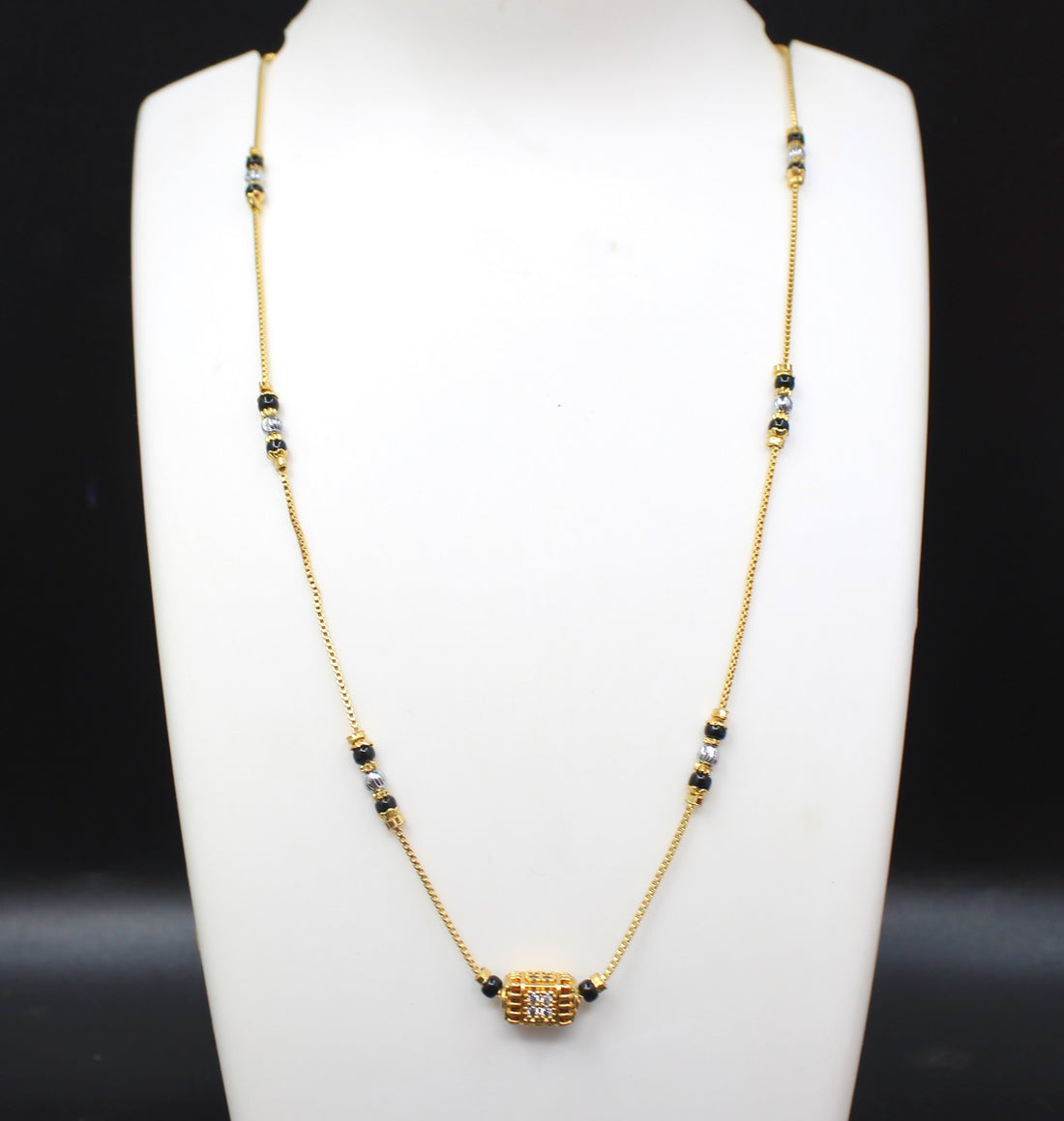 Gold-Plated Mangalsutra with Black Beads & Square Stone Pendant – Lightweight Daily Wear Design