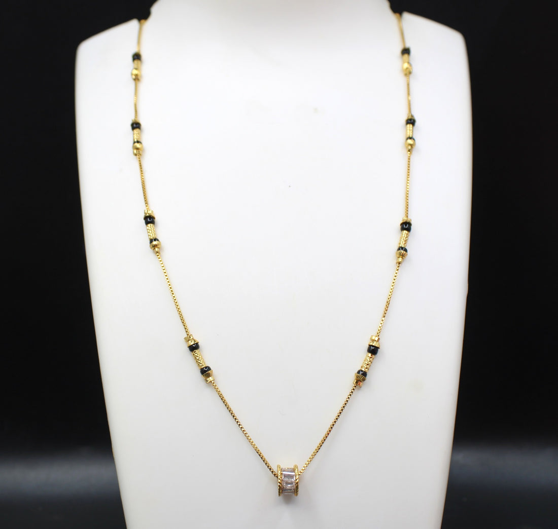 Gold-Plated Mangalsutra with Black Beads & Stone-Studded Barrel Pendant – Elegant Daily Wear