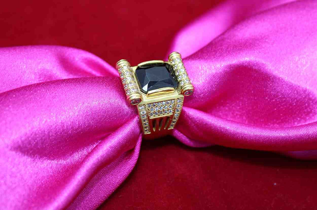 1 Gram Gold Forming Green Stone with Diamond Gold Plated Ring for Men