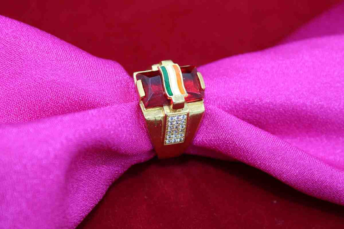 1 Gram Gold Plated Indian Flag On Red Stone Best Quality Ring For Men