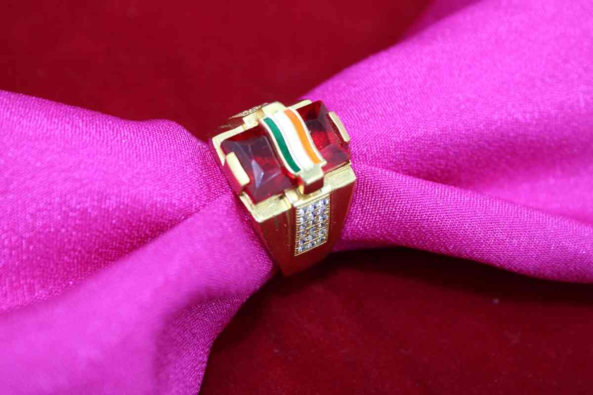 1 Gram Gold Plated Indian Flag On Red Stone Best Quality Ring For Men