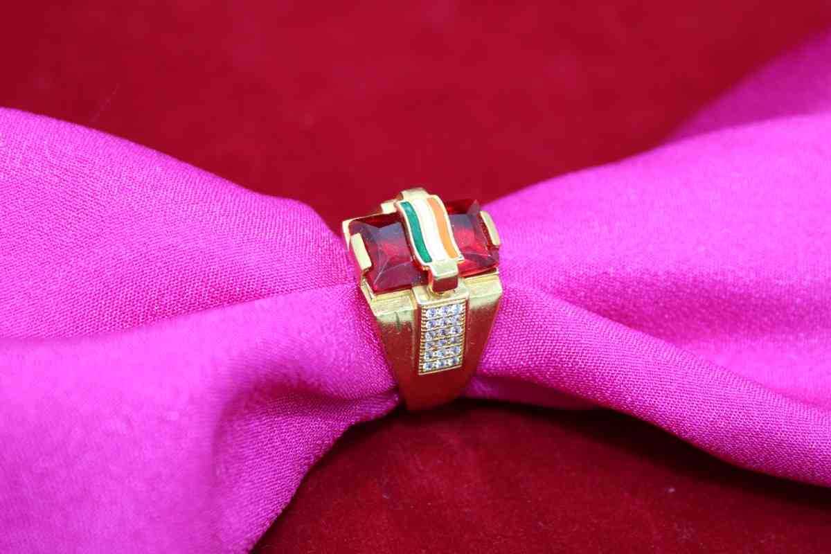 1 Gram Gold Plated Indian Flag On Red Stone Best Quality Ring For Men