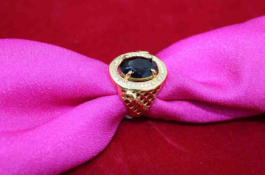 1 Gram Gold Plated Black Stone with Diamond Best Quality Ring for Men
