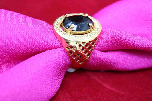 1 Gram Gold Plated Black Stone with Diamond Best Quality Ring for Men