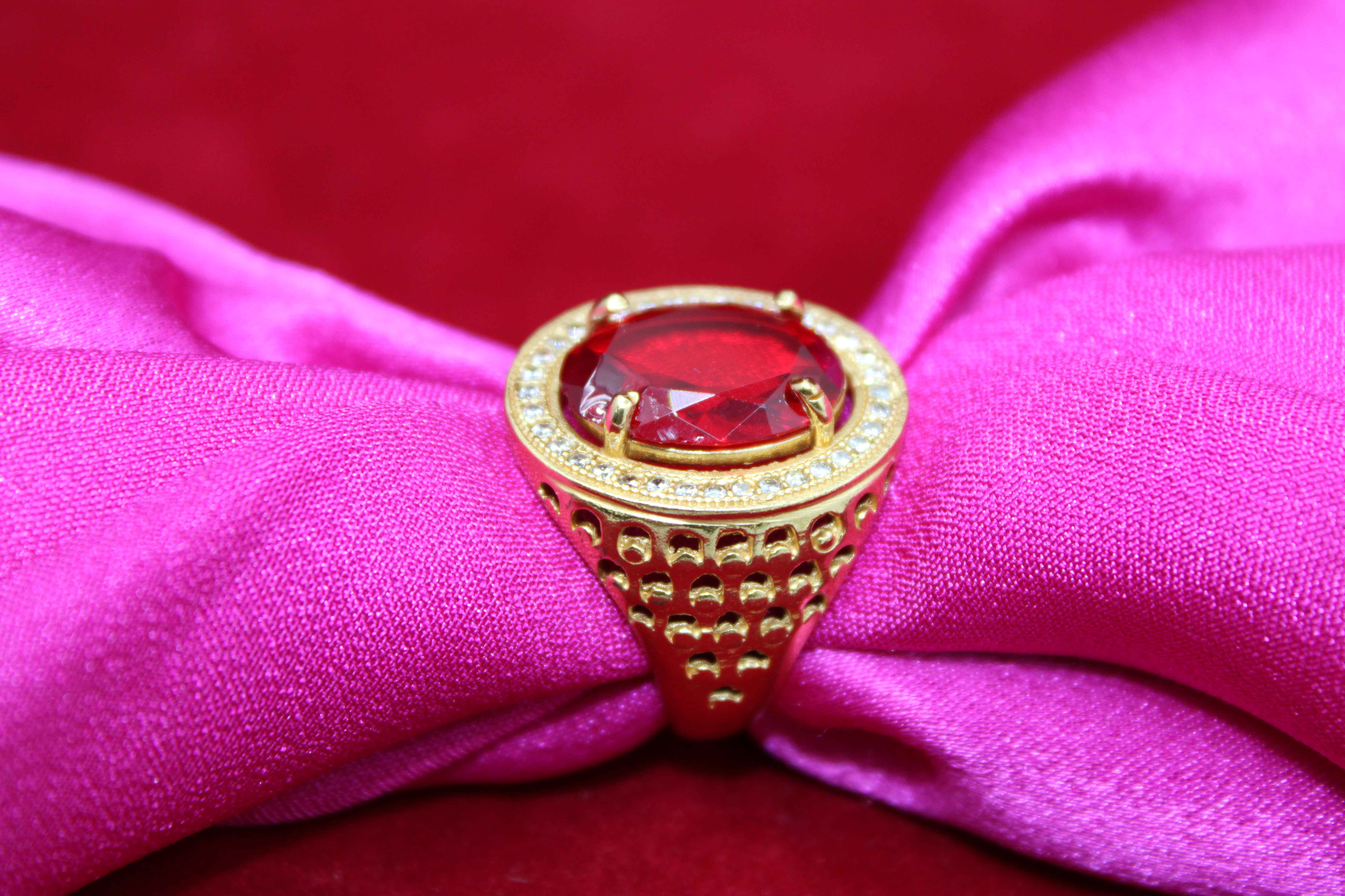 1 Gram Gold Plated Red Stone With Diamond Antique Design Ring For Men