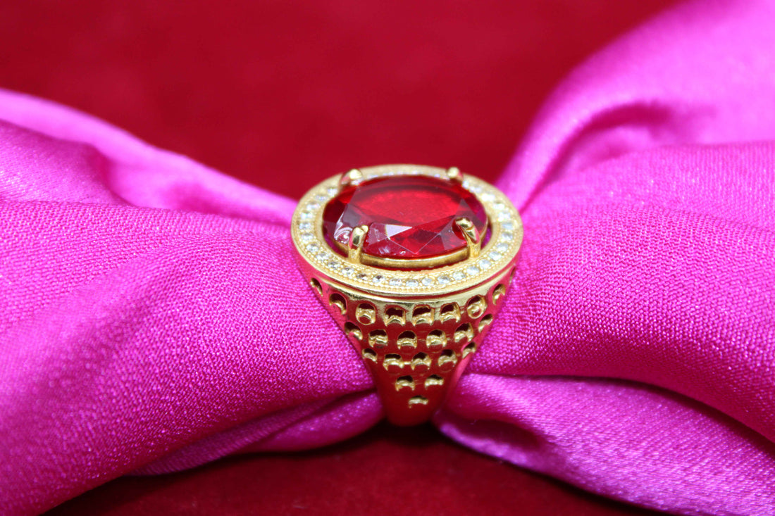 1 Gram Gold Plated Red Stone With Diamond Antique Design Ring For Men