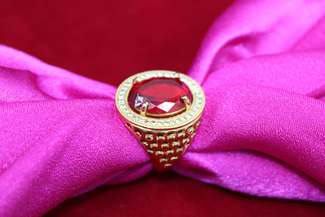 1 Gram Gold Plated Red Stone With Diamond Antique Design Ring For Men