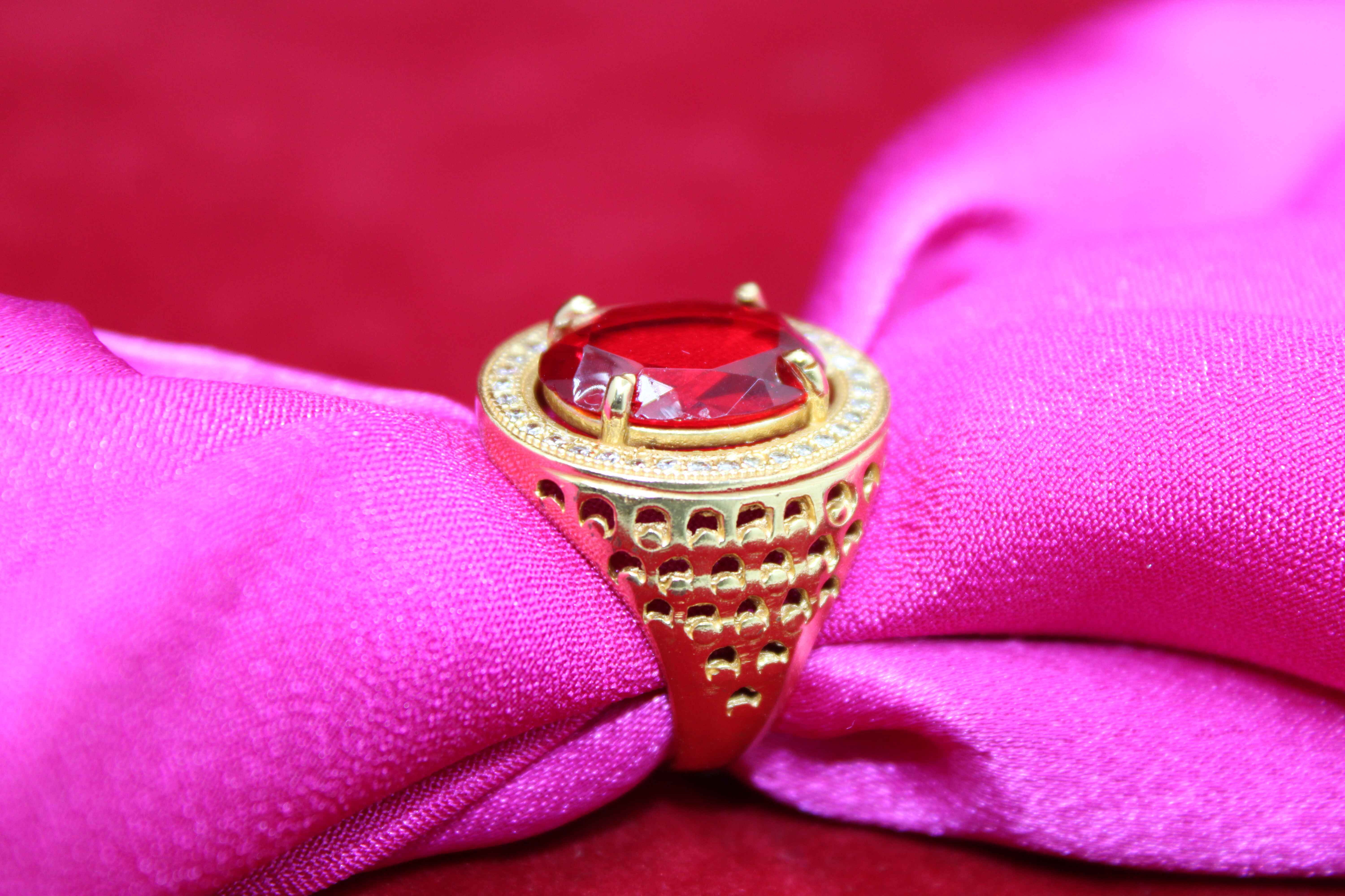 1 Gram Gold Plated Red Stone With Diamond Antique Design Ring For Men
