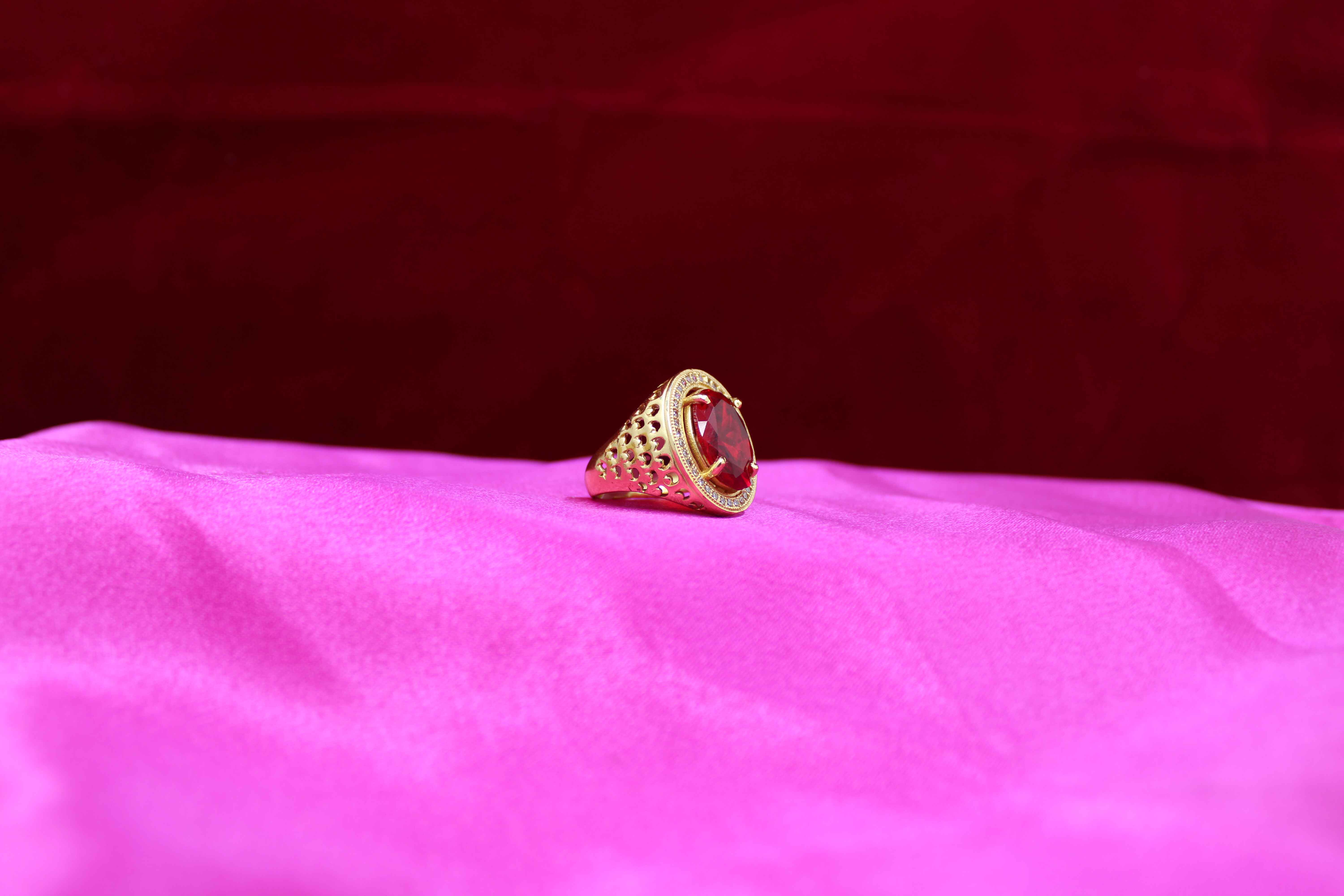 1 Gram Gold Plated Red Stone With Diamond Antique Design Ring For Men
