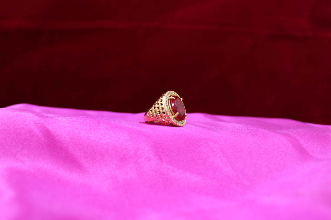 1 Gram Gold Plated Red Stone With Diamond Antique Design Ring For Men