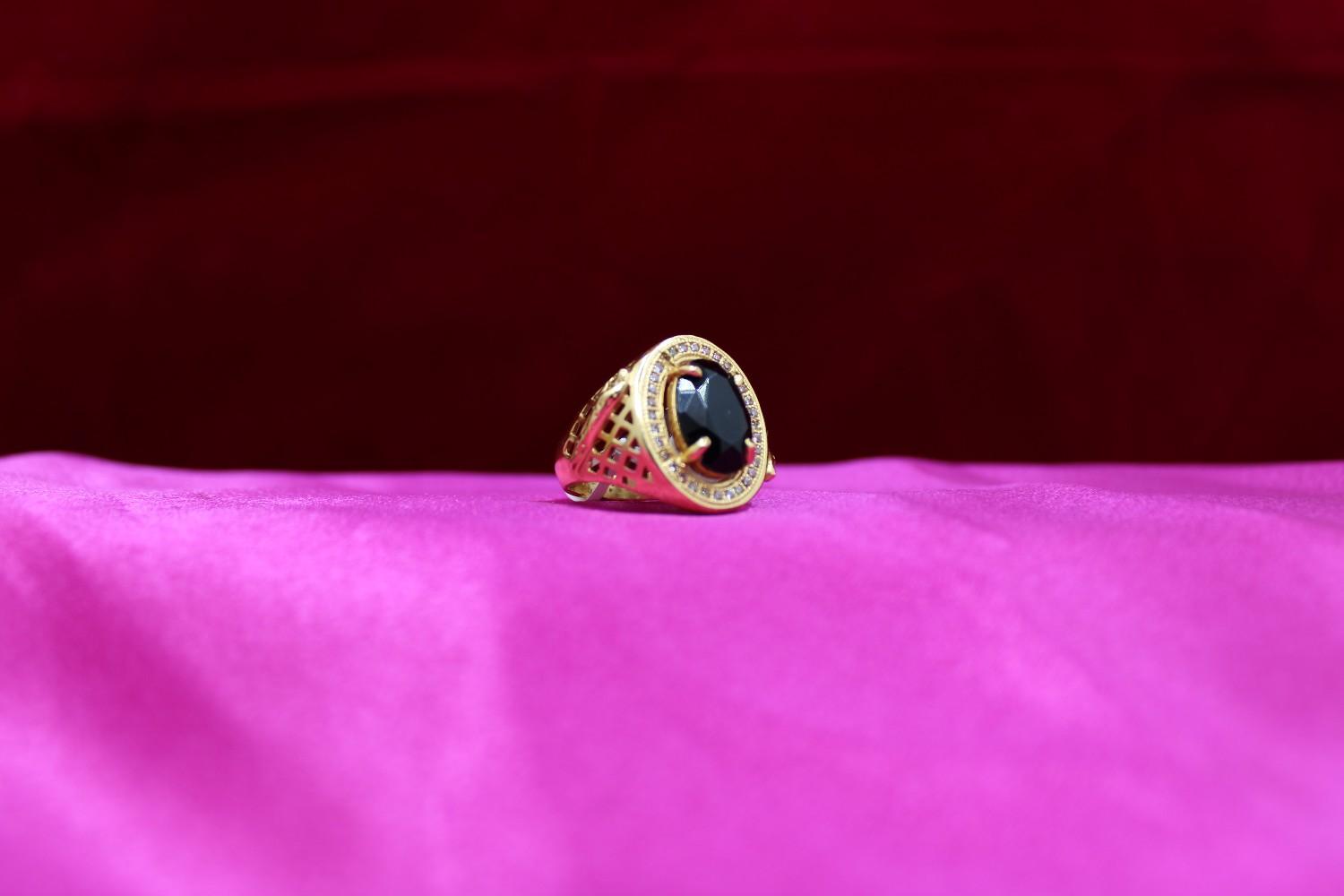 1 Gram Gold Plated Black Stone with Diamond Best Quality Ring for Men