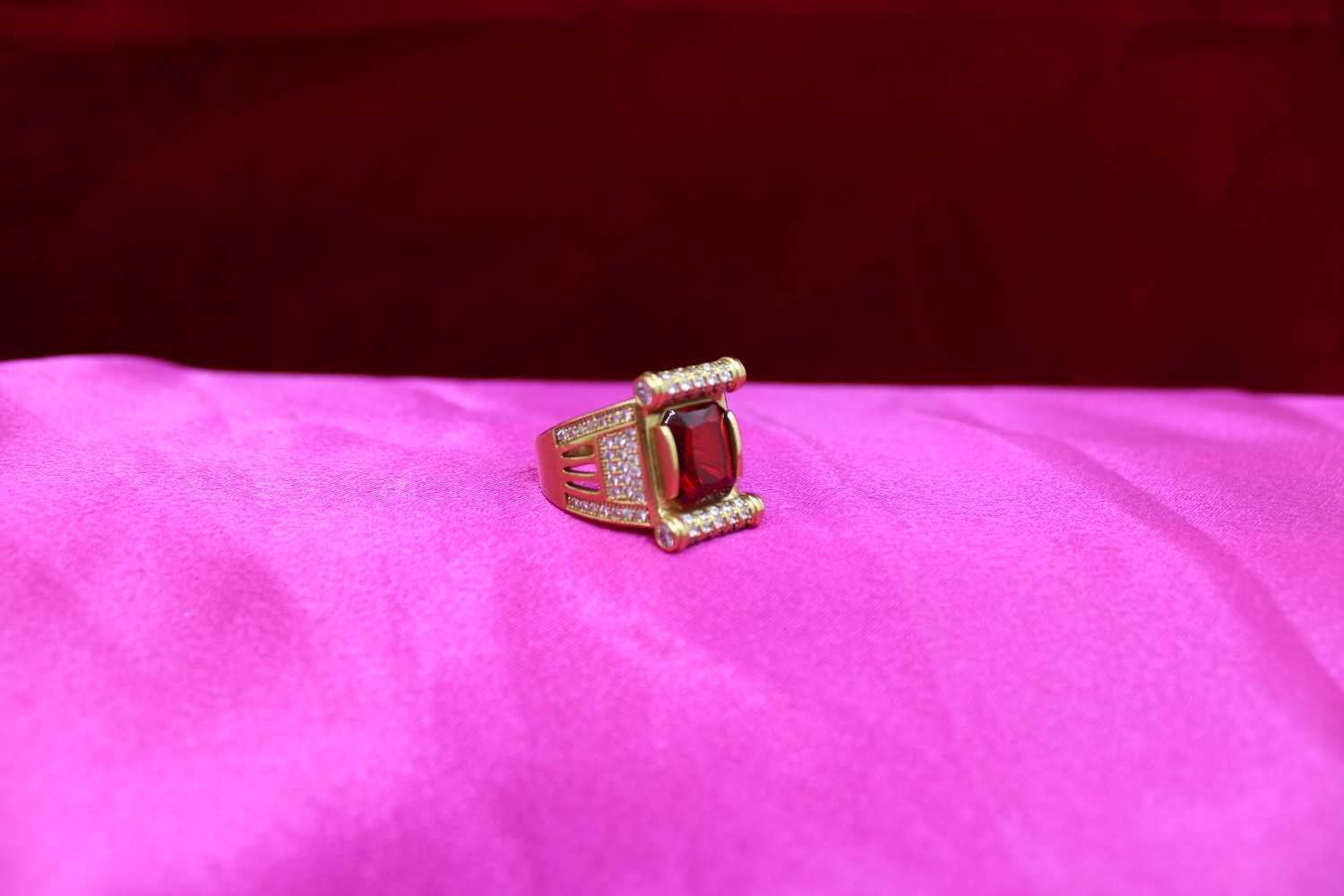 1 Gram Gold Forming Green Stone with Diamond Gold Plated Ring for Men