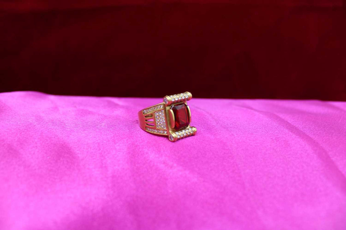 1 Gram Gold Forming Green Stone with Diamond Gold Plated Ring for Men