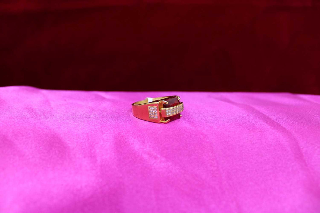 1 Gram Gold Plated Red Stone With Diamond Best Quality Ring For Men