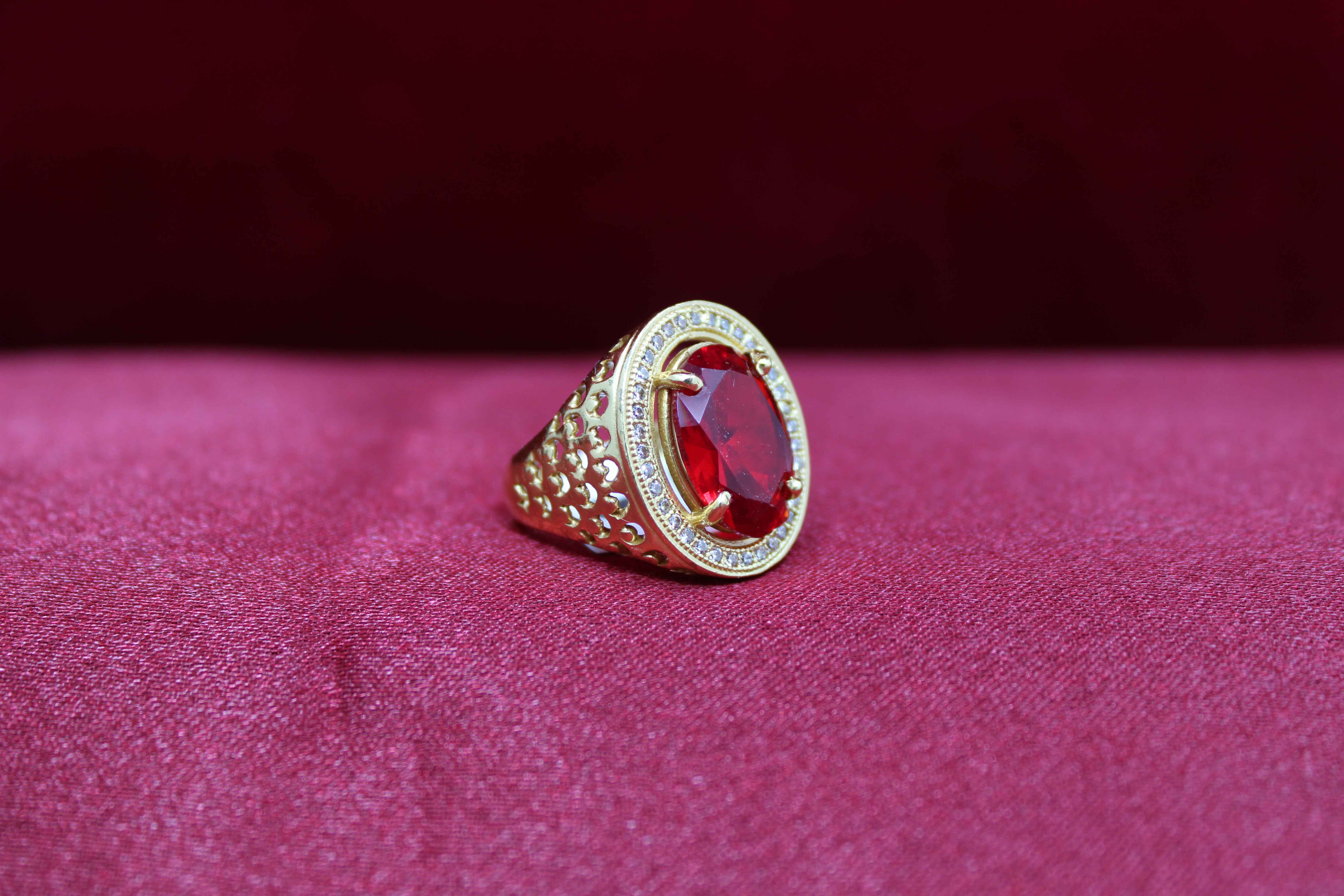 1 Gram Gold Plated Red Stone With Diamond Antique Design Ring For Men