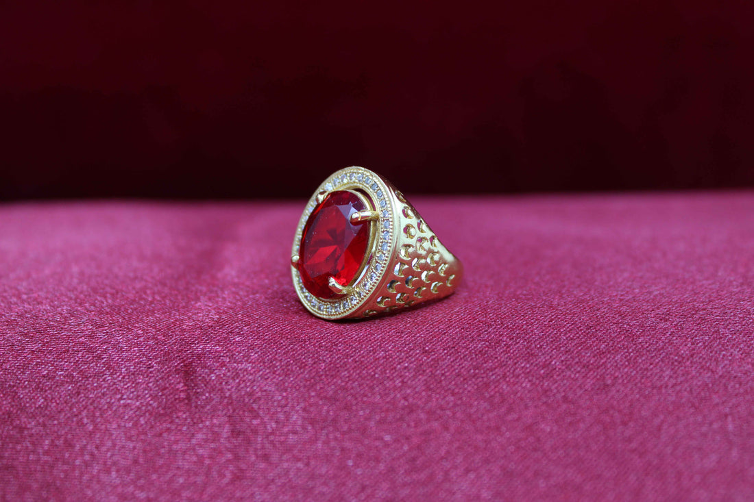 1 Gram Gold Plated Red Stone With Diamond Antique Design Ring For Men