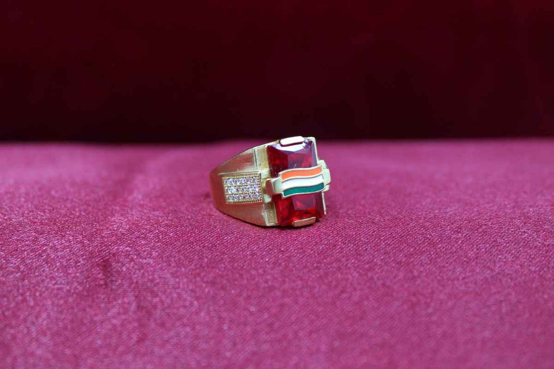 1 Gram Gold Plated Indian Flag On Red Stone Best Quality Ring For Men