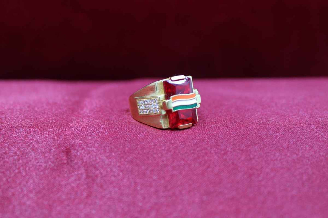 1 Gram Gold Plated Indian Flag On Red Stone Best Quality Ring For Men