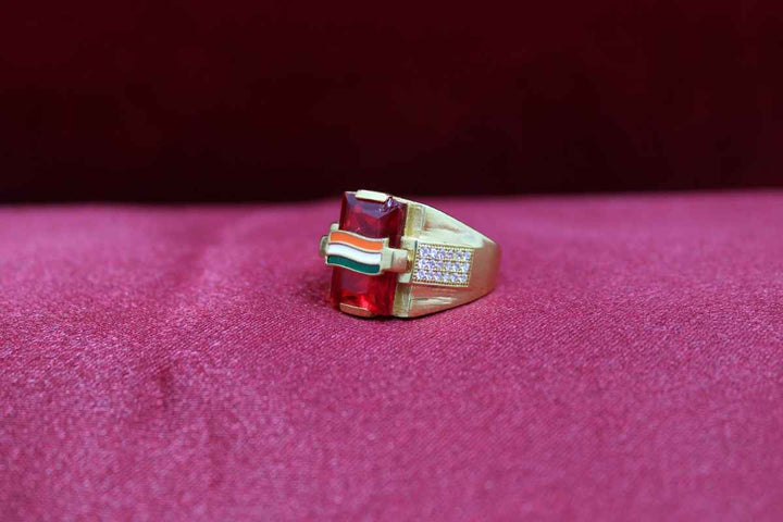 1 Gram Gold Plated Indian Flag On Red Stone Best Quality Ring For Men