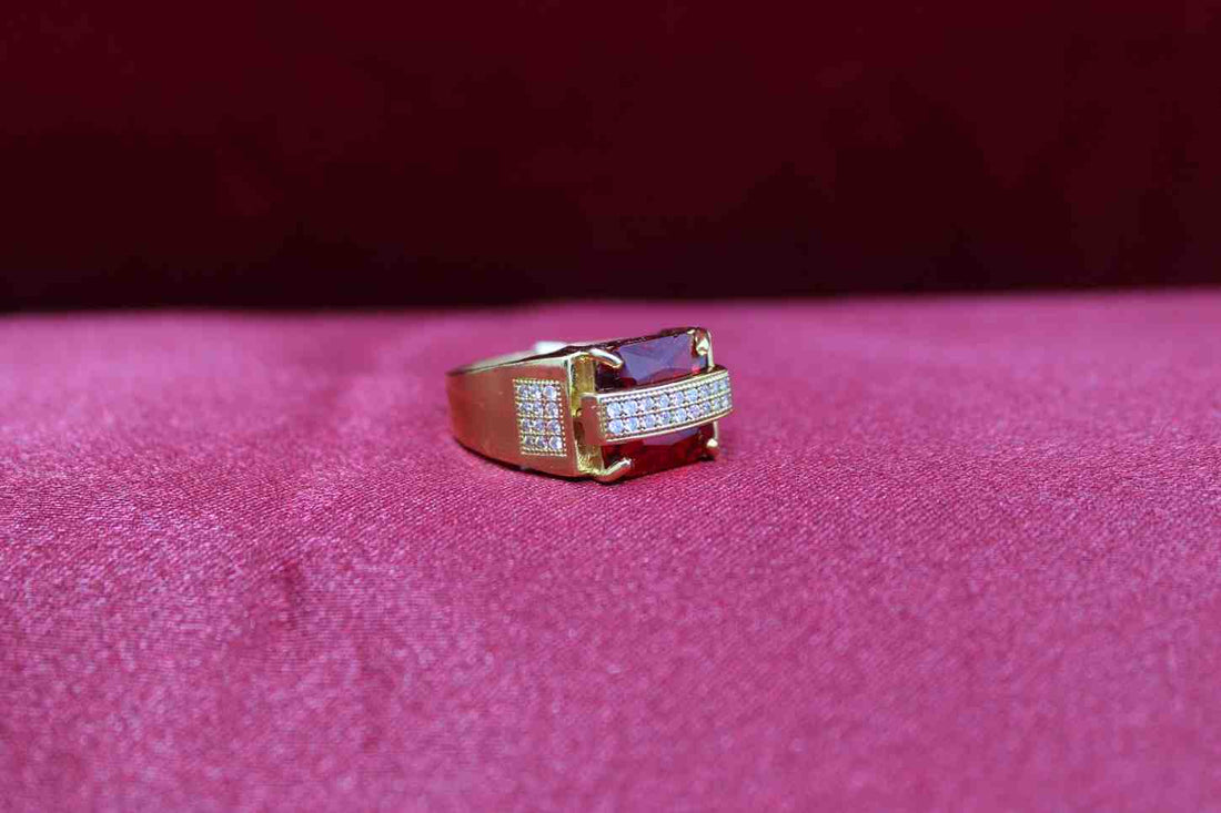1 Gram Gold Plated Red Stone With Diamond Best Quality Ring For Men