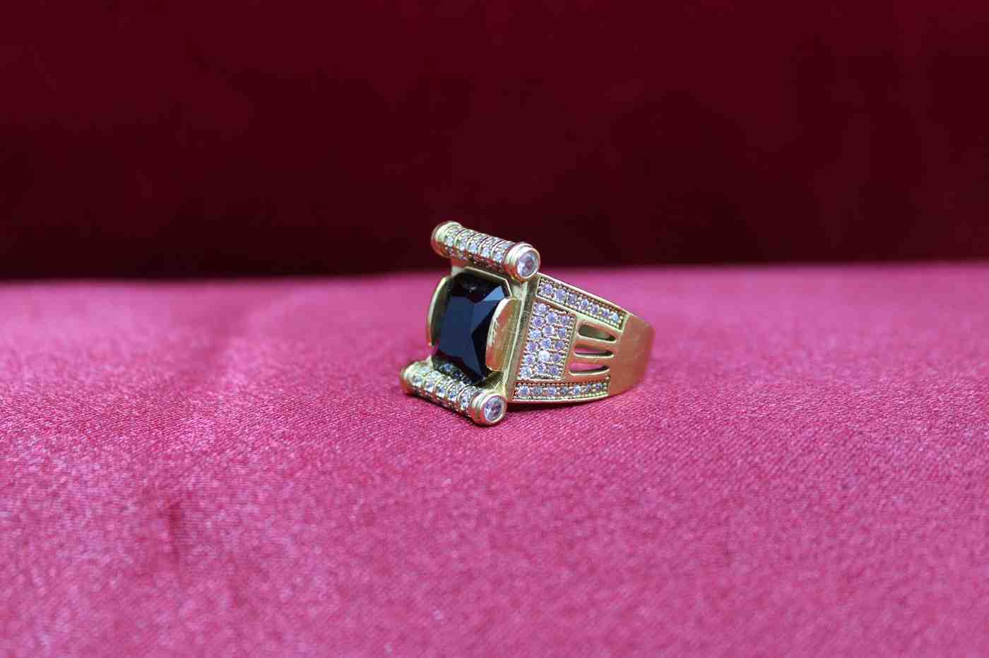 1 Gram Gold Forming Green Stone with Diamond Gold Plated Ring for Men