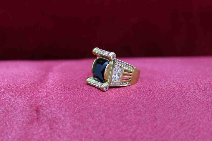 1 Gram Gold Forming Green Stone with Diamond Gold Plated Ring for Men