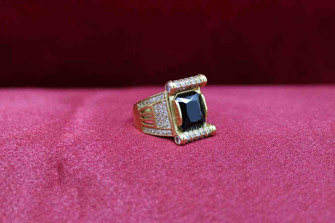 1 Gram Gold Forming Green Stone with Diamond Gold Plated Ring for Men