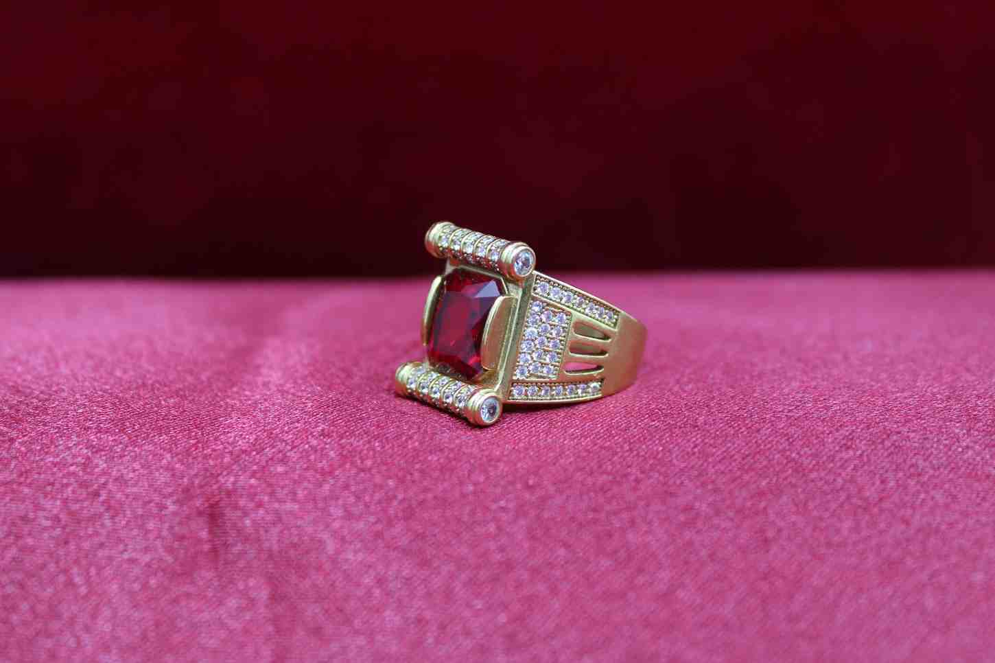 1 Gram Gold Forming Green Stone with Diamond Gold Plated Ring for Men