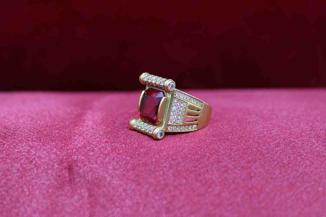 1 Gram Gold Forming Green Stone with Diamond Gold Plated Ring for Men