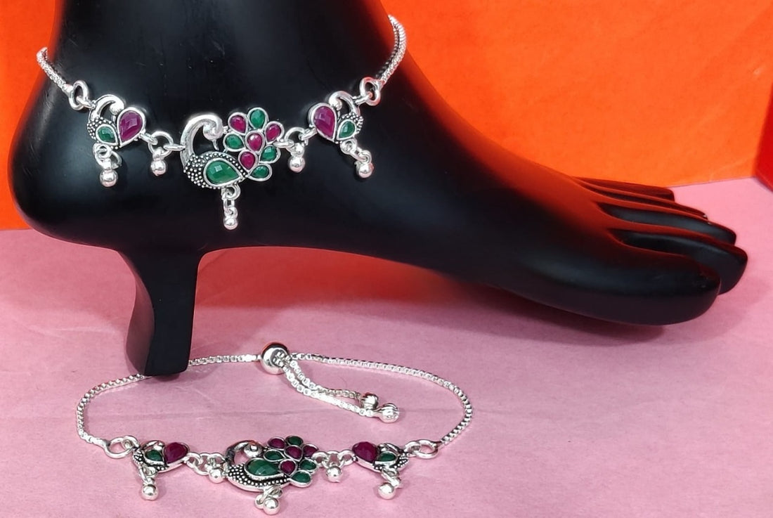 Peacock Design Silver-Plated Payal with Green & Pink Stones – Elegant Oxidised Anklet for Women