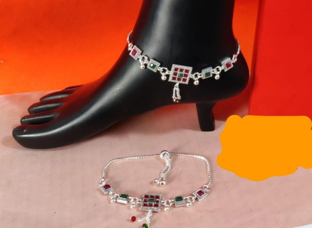 Classic Silver-Plated Payal with Red & Green Square Stones – Traditional Oxidised Anklet for Women