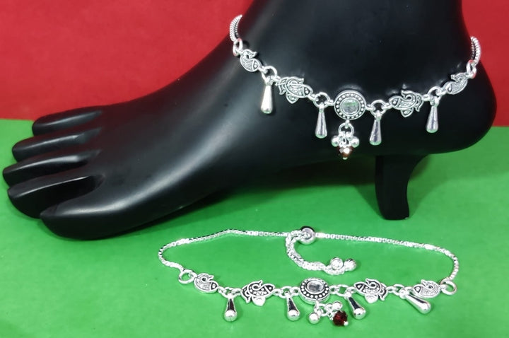 Tribal Oxidised Silver-Plated Payal with Charm Drops – Antique Design Adjustable Anklet for Women