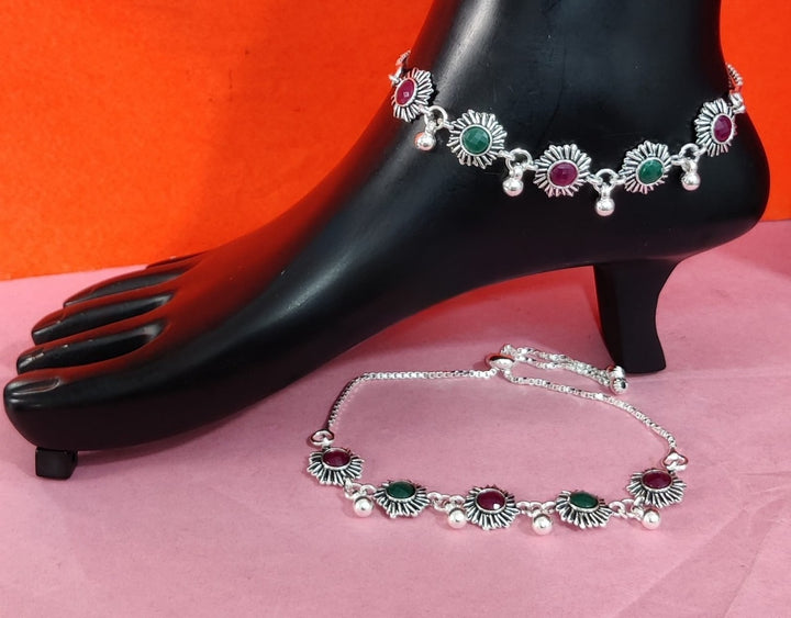 Traditional Oxidised Silver-Plated Payal with Green & Pink Stones – Ethnic Floral Design Anklet for Women