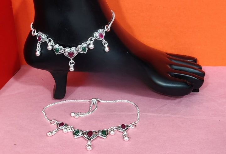 Heart Design Oxidised Silver-Plated Payal with Red & Green Stones – Elegant Traditional Anklet for Women