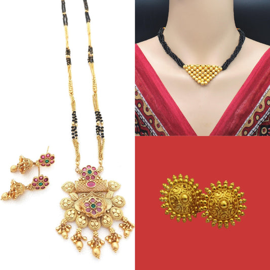 Soni Jewellery Gold Plated Mangalsutra Combo For Women (Pack Of 3) (1 Mangalsutra Set, 1 Maharashtrian Thushi Mangalsutra, 1 Golden Tops)
