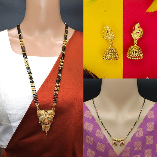 Soni Jewellery Combo of 3 Traditional Daily Wear Mangalsutra for Women (Pack Of 3) (1 Long Mangalsutra, 1 Short Mangalsutra, 1 Golden jumer Earring)