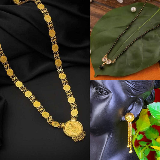 Soni Jewellery Gold Plated Mangalsutra Combo For Women (Pack Of 3) (1 Coin Mala, 1 Short Mangalsutra, 1 Golden Earring)