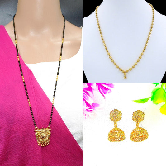 Soni Jewellery Combo of 3 Traditional Daily Wear Mangalsutra for Women (Pack Of 3) (1 Long Mangalsutra, 1 Golden Jumer Earring, 1 Necklace & Chain)