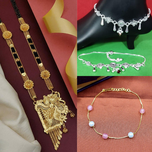 Soni Jewellery Combo of 3 Traditional Daily Wear Mangalsutra for Women (Pack Of 3) (1 Long Mangalsutra, 1 Pair Anklet, 1 bracelet)