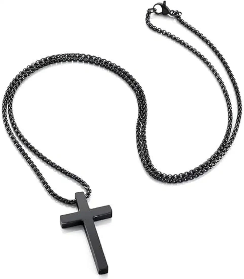 MOOHAM Cross Necklace for Men Black Stainless Steel Plain Cross Pendant Necklace for Men Box Chain 16-30 Inch