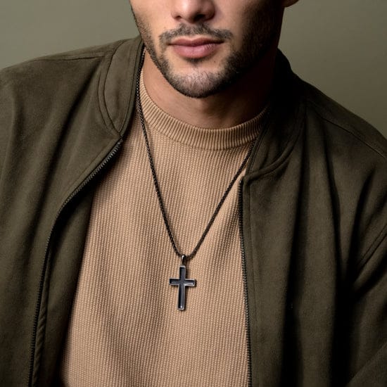 MOOHAM Cross Necklace for Men Black Stainless Steel Plain Cross Pendant Necklace for Men Box Chain 16-30 Inch