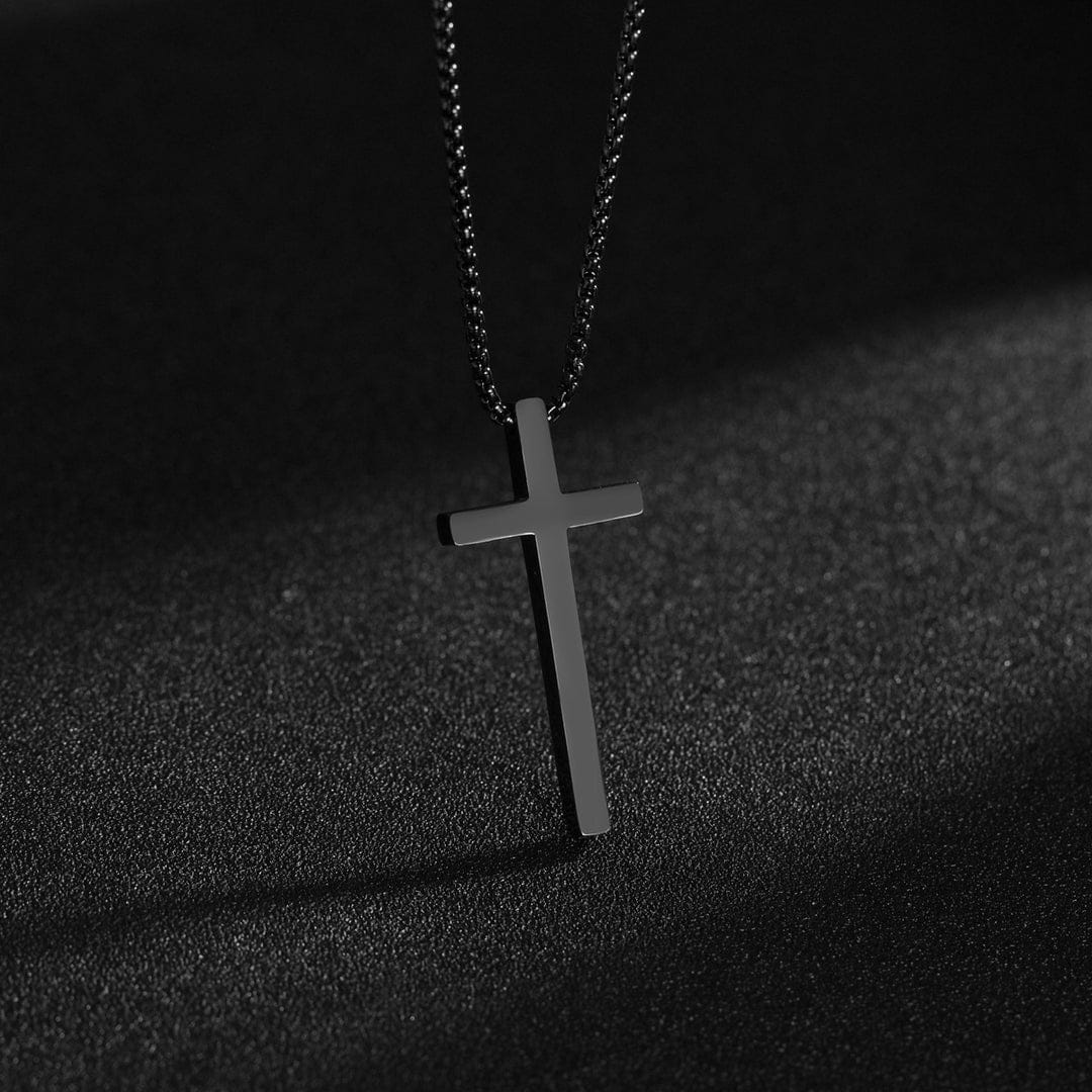 MOOHAM Cross Necklace for Men Black Stainless Steel Plain Cross Pendant Necklace for Men Box Chain 16-30 Inch