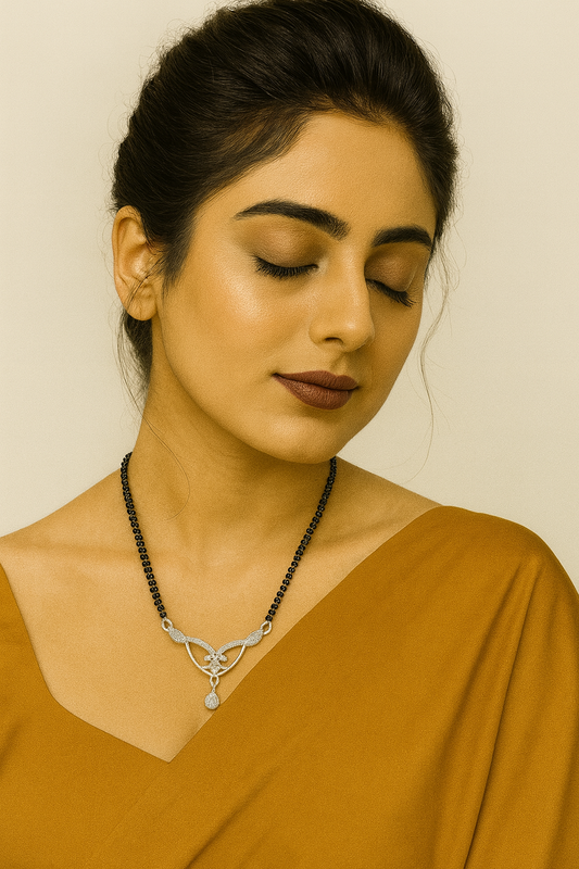 Elegant Silver Mangalsutra with Black Beads & Pendant Design