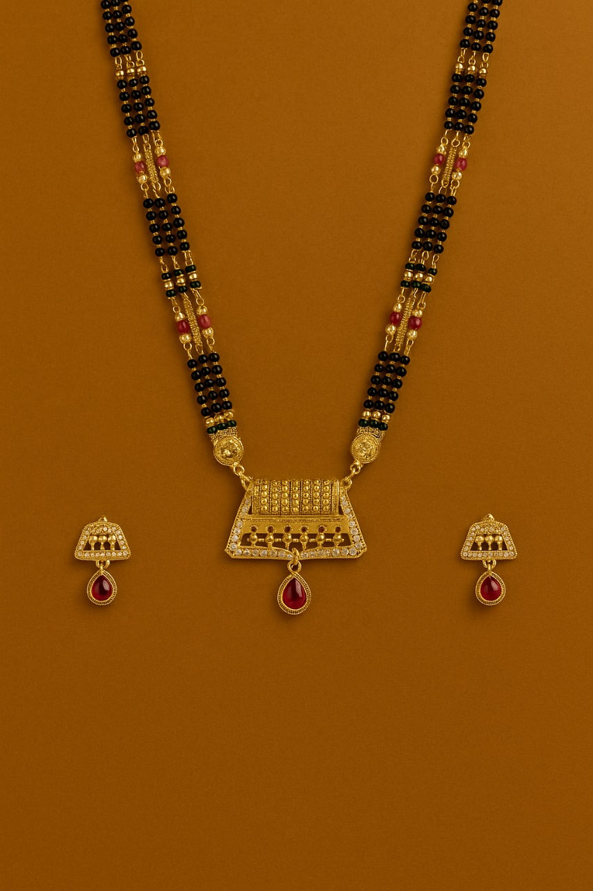 Traditional Gold-Plated Mangalsutra with Red Stone Pendant & Earrings – Bridal Jewellery Set