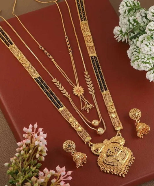 Soni Jewellery Gold Plated combo Mangalsutra (Pack Of 4) 1 Long Mangalsutra, 2 Short Mangalsutra, 1 jumar earring)