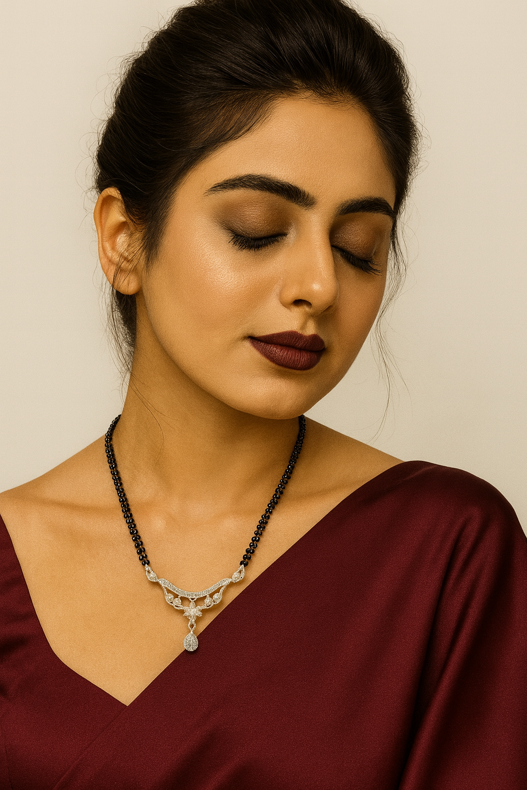 Designer Silver Pendant Mangalsutra with Black Beads