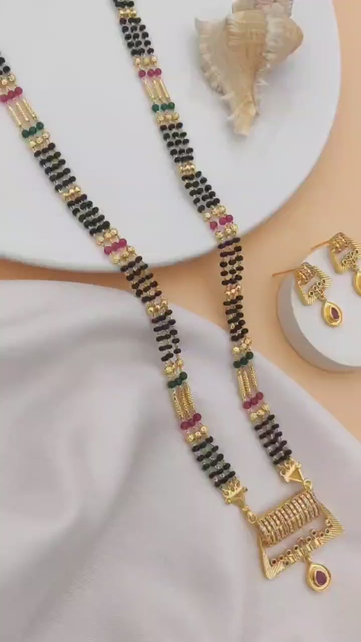 Traditional Gold-Plated Mangalsutra with Red Stone Pendant & Earrings – Bridal Jewellery Set